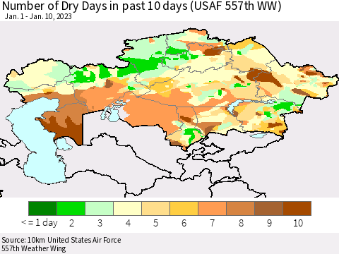 Kazakhstan Number of Dry Days in past 10 days (USAF 557th WW) Thematic Map For 1/6/2023 - 1/10/2023