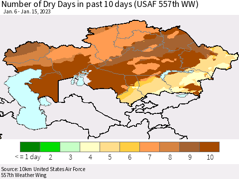 Kazakhstan Number of Dry Days in past 10 days (USAF 557th WW) Thematic Map For 1/11/2023 - 1/15/2023