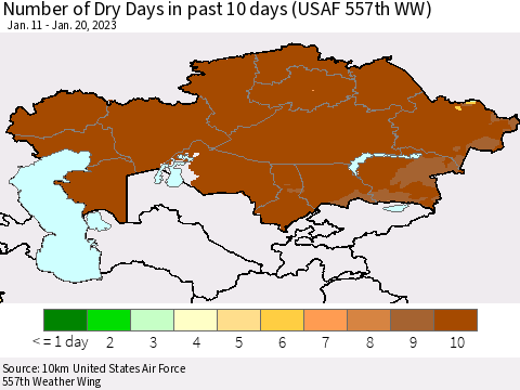 Kazakhstan Number of Dry Days in past 10 days (USAF 557th WW) Thematic Map For 1/16/2023 - 1/20/2023