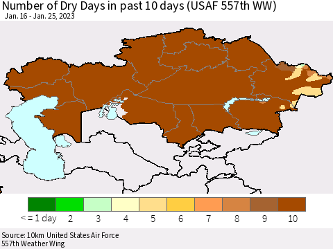 Kazakhstan Number of Dry Days in past 10 days (USAF 557th WW) Thematic Map For 1/21/2023 - 1/25/2023