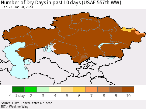 Kazakhstan Number of Dry Days in past 10 days (USAF 557th WW) Thematic Map For 1/26/2023 - 1/31/2023