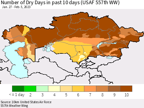 Kazakhstan Number of Dry Days in past 10 days (USAF 557th WW) Thematic Map For 2/1/2023 - 2/5/2023