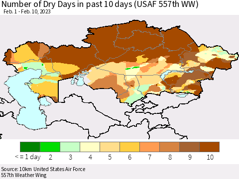 Kazakhstan Number of Dry Days in past 10 days (USAF 557th WW) Thematic Map For 2/6/2023 - 2/10/2023