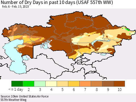 Kazakhstan Number of Dry Days in past 10 days (USAF 557th WW) Thematic Map For 2/11/2023 - 2/15/2023