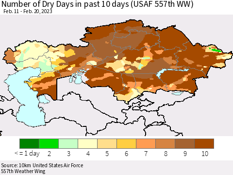 Kazakhstan Number of Dry Days in past 10 days (USAF 557th WW) Thematic Map For 2/16/2023 - 2/20/2023