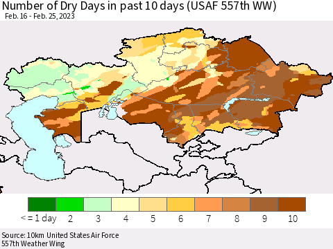 Kazakhstan Number of Dry Days in past 10 days (USAF 557th WW) Thematic Map For 2/21/2023 - 2/25/2023