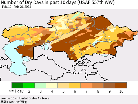 Kazakhstan Number of Dry Days in past 10 days (USAF 557th WW) Thematic Map For 2/26/2023 - 2/28/2023