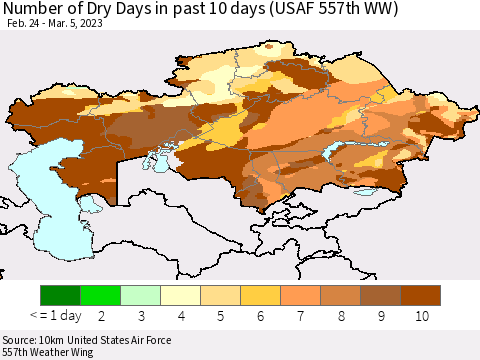 Kazakhstan Number of Dry Days in past 10 days (USAF 557th WW) Thematic Map For 3/1/2023 - 3/5/2023