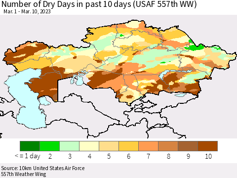 Kazakhstan Number of Dry Days in past 10 days (USAF 557th WW) Thematic Map For 3/6/2023 - 3/10/2023
