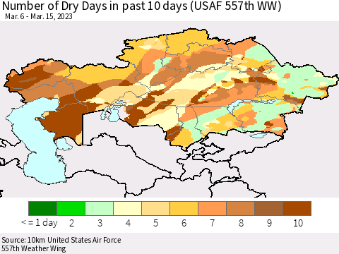 Kazakhstan Number of Dry Days in past 10 days (USAF 557th WW) Thematic Map For 3/11/2023 - 3/15/2023