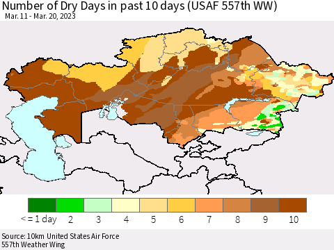 Kazakhstan Number of Dry Days in past 10 days (USAF 557th WW) Thematic Map For 3/16/2023 - 3/20/2023