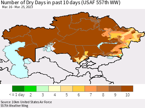 Kazakhstan Number of Dry Days in past 10 days (USAF 557th WW) Thematic Map For 3/21/2023 - 3/25/2023