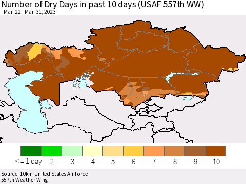Kazakhstan Number of Dry Days in past 10 days (USAF 557th WW) Thematic Map For 3/26/2023 - 3/31/2023