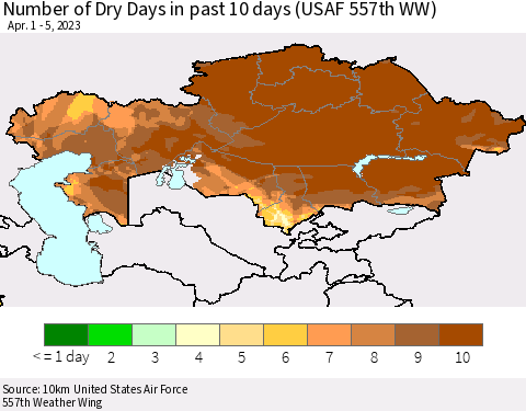 Kazakhstan Number of Dry Days in past 10 days (USAF 557th WW) Thematic Map For 4/1/2023 - 4/5/2023