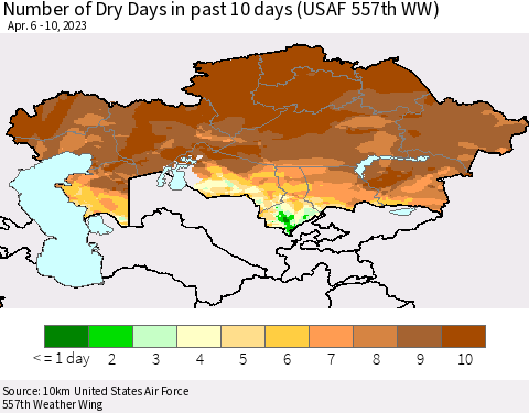 Kazakhstan Number of Dry Days in past 10 days (USAF 557th WW) Thematic Map For 4/6/2023 - 4/10/2023