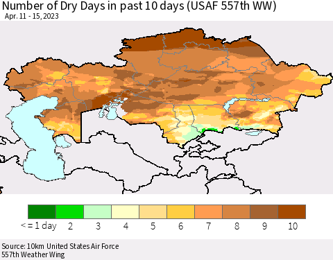 Kazakhstan Number of Dry Days in past 10 days (USAF 557th WW) Thematic Map For 4/11/2023 - 4/15/2023