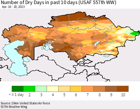 Kazakhstan Number of Dry Days in past 10 days (USAF 557th WW) Thematic Map For 4/16/2023 - 4/20/2023