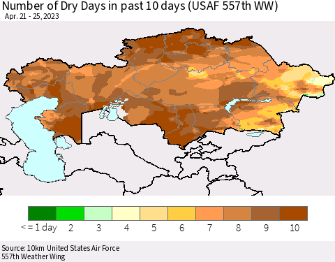 Kazakhstan Number of Dry Days in past 10 days (USAF 557th WW) Thematic Map For 4/21/2023 - 4/25/2023