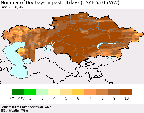 Kazakhstan Number of Dry Days in past 10 days (USAF 557th WW) Thematic Map For 4/26/2023 - 4/30/2023