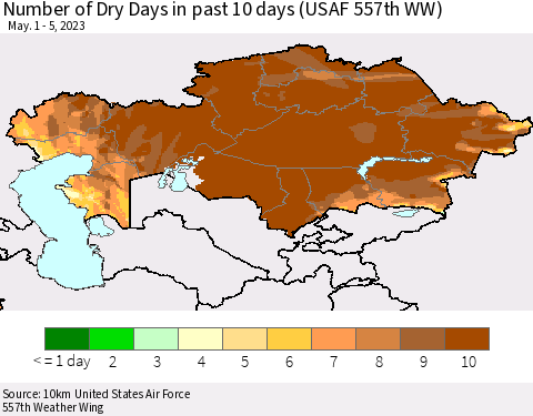 Kazakhstan Number of Dry Days in past 10 days (USAF 557th WW) Thematic Map For 5/1/2023 - 5/5/2023