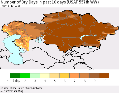 Kazakhstan Number of Dry Days in past 10 days (USAF 557th WW) Thematic Map For 5/6/2023 - 5/10/2023