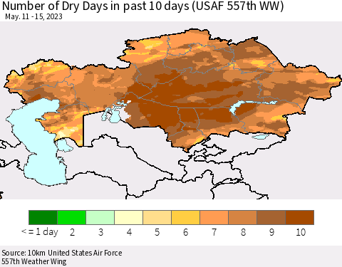 Kazakhstan Number of Dry Days in past 10 days (USAF 557th WW) Thematic Map For 5/11/2023 - 5/15/2023