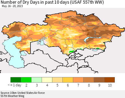 Kazakhstan Number of Dry Days in past 10 days (USAF 557th WW) Thematic Map For 5/16/2023 - 5/20/2023
