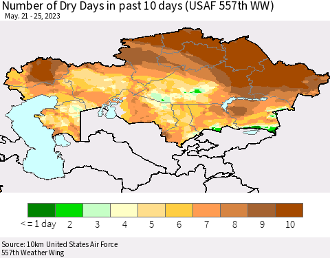 Kazakhstan Number of Dry Days in past 10 days (USAF 557th WW) Thematic Map For 5/21/2023 - 5/25/2023
