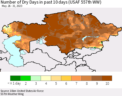 Kazakhstan Number of Dry Days in past 10 days (USAF 557th WW) Thematic Map For 5/26/2023 - 5/31/2023