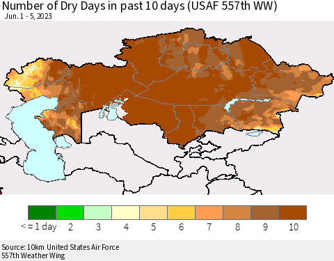 Kazakhstan Number of Dry Days in past 10 days (USAF 557th WW) Thematic Map For 6/1/2023 - 6/5/2023