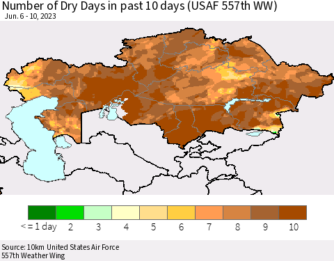 Kazakhstan Number of Dry Days in past 10 days (USAF 557th WW) Thematic Map For 6/6/2023 - 6/10/2023