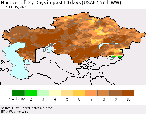 Kazakhstan Number of Dry Days in past 10 days (USAF 557th WW) Thematic Map For 6/11/2023 - 6/15/2023
