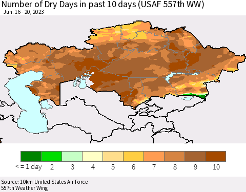 Kazakhstan Number of Dry Days in past 10 days (USAF 557th WW) Thematic Map For 6/16/2023 - 6/20/2023