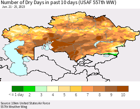 Kazakhstan Number of Dry Days in past 10 days (USAF 557th WW) Thematic Map For 6/21/2023 - 6/25/2023
