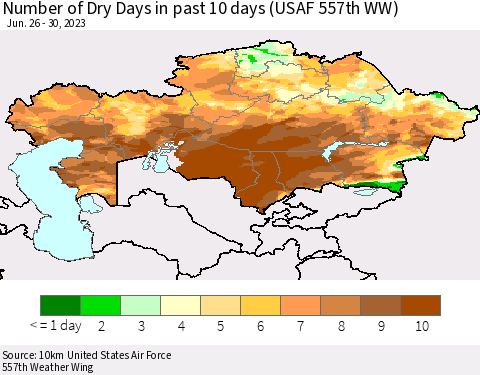 Kazakhstan Number of Dry Days in past 10 days (USAF 557th WW) Thematic Map For 6/26/2023 - 6/30/2023