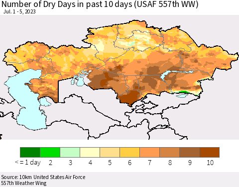 Kazakhstan Number of Dry Days in past 10 days (USAF 557th WW) Thematic Map For 7/1/2023 - 7/5/2023