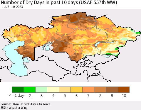 Kazakhstan Number of Dry Days in past 10 days (USAF 557th WW) Thematic Map For 7/6/2023 - 7/10/2023