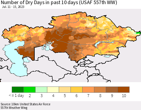 Kazakhstan Number of Dry Days in past 10 days (USAF 557th WW) Thematic Map For 7/11/2023 - 7/15/2023