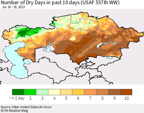 Kazakhstan Number of Dry Days in past 10 days (USAF 557th WW) Thematic Map For 7/16/2023 - 7/20/2023