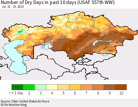 Kazakhstan Number of Dry Days in past 10 days (USAF 557th WW) Thematic Map For 7/21/2023 - 7/25/2023