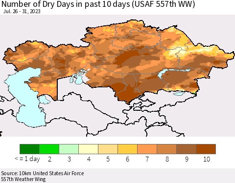 Kazakhstan Number of Dry Days in past 10 days (USAF 557th WW) Thematic Map For 7/26/2023 - 7/31/2023