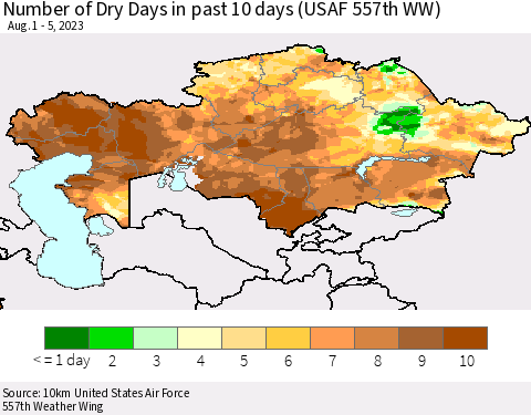 Kazakhstan Number of Dry Days in past 10 days (USAF 557th WW) Thematic Map For 8/1/2023 - 8/5/2023