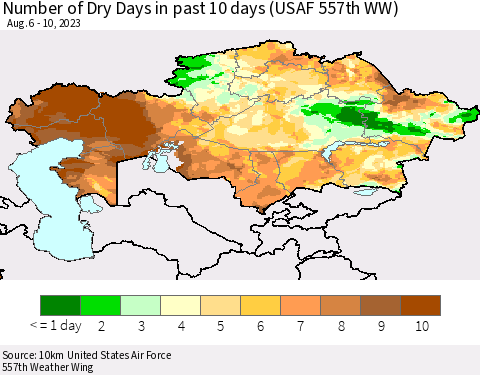 Kazakhstan Number of Dry Days in past 10 days (USAF 557th WW) Thematic Map For 8/6/2023 - 8/10/2023