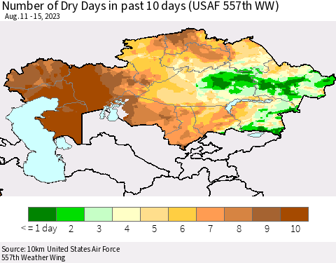 Kazakhstan Number of Dry Days in past 10 days (USAF 557th WW) Thematic Map For 8/11/2023 - 8/15/2023
