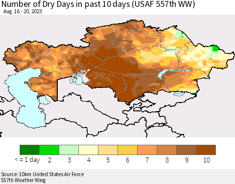 Kazakhstan Number of Dry Days in past 10 days (USAF 557th WW) Thematic Map For 8/16/2023 - 8/20/2023