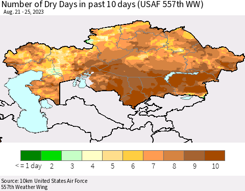Kazakhstan Number of Dry Days in past 10 days (USAF 557th WW) Thematic Map For 8/21/2023 - 8/25/2023