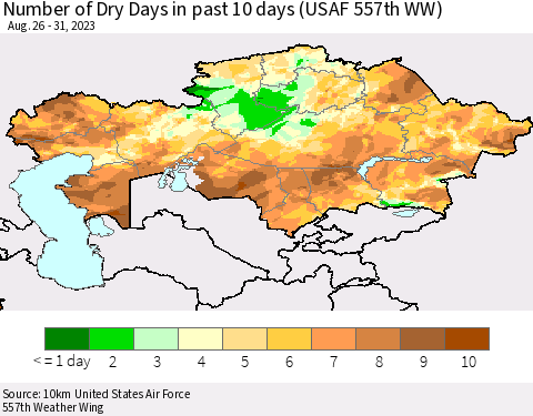 Kazakhstan Number of Dry Days in past 10 days (USAF 557th WW) Thematic Map For 8/26/2023 - 8/31/2023