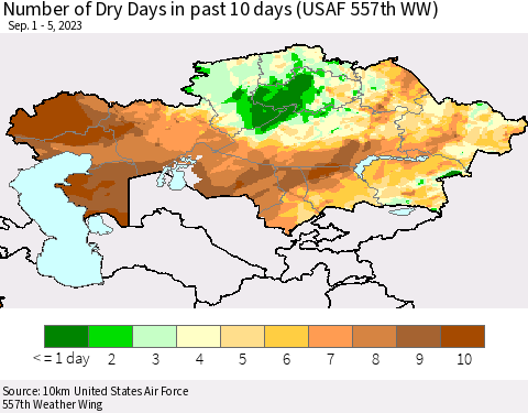 Kazakhstan Number of Dry Days in past 10 days (USAF 557th WW) Thematic Map For 9/1/2023 - 9/5/2023