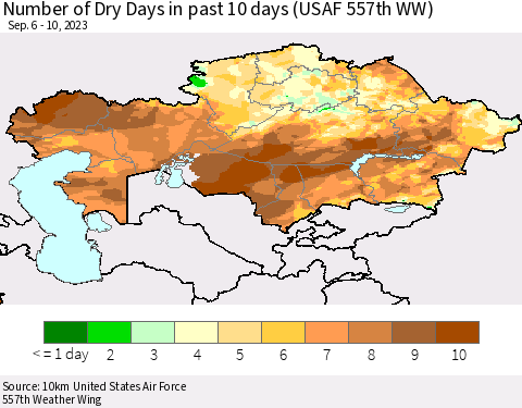 Kazakhstan Number of Dry Days in past 10 days (USAF 557th WW) Thematic Map For 9/6/2023 - 9/10/2023