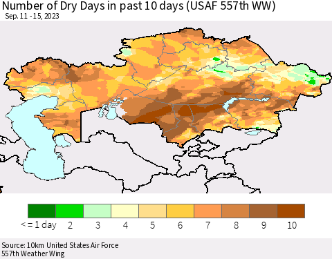 Kazakhstan Number of Dry Days in past 10 days (USAF 557th WW) Thematic Map For 9/11/2023 - 9/15/2023